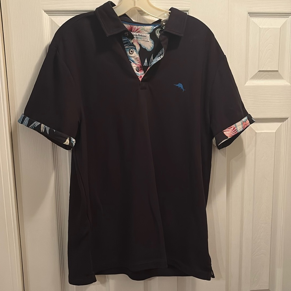 Black Tommy Bahama polo with tropical accents